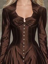 Elegant Brown Satin Mini Dress With Buttons