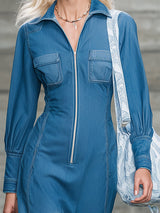 Stylish Blue Denim Zip-up Midi Dress With Ruffle Details.