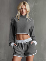 Casual High-neck Ribbed Long-sleeved Top And Shorts Set