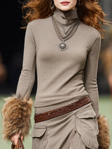 Western-style Casual Plush Cuffs And Slits Khaki Turtleneck Maxi Dress