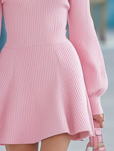 Stylish Pink Ribbed Knit V-neck Mini Dress