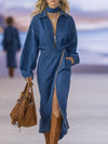Loose-fitting Collar Zipper Closure Double Pockets Denim Long-sleeved Midi Dress