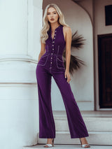 【24-hour shipping out】Mysterious Vintage Purple Denim Sleeveless Wide Leg Jumpsuit