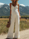 【24-hour shipping out】Women's White Linen Sleeveless Suspender Button Jumpsuit With Lace Design