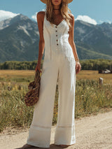 【24-hour shipping out】Women's White Linen Sleeveless Suspender Button Jumpsuit With Lace Design