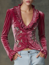Fashionable Retro Floral Embroidered Rose Red Velvet Ruffled Long-sleeved Shirt