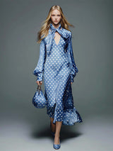 Elegant Retro Tie-up V-neck Lantern Sleeves White Polka Dot Print Blue Satin Midi Dress