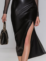 Stylish And Sexy Sheer-sleeved Black Faux Leather Midi Dress