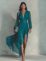 Retro Sexy V-neck Side Slit Lace Midi Dress