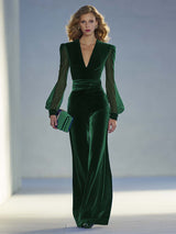 Vintage Elegant And Exquisite V-neck Mesh Long-sleeved Royal Blue Velvet Jumpsuit