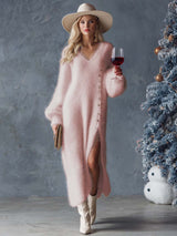 Faux Fur Knit V-Neck Midi Dress