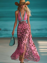 【24-hour shipping out】Retro Fashion Contrast Color V-Neck Leopard Print Pink Chiffon Slit Maxi Dress