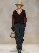 Breathable And Casual Comfortable V-neck Transparent Long-sleeved Black Knitted Blouse Top