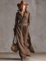 Exquisite Retro Western Lapel Front Button Red Windbreaker Style Cotton And Linen Maxi Dress