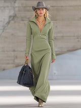 Elegant Retro Sporty V-neck Front Zipper Long-sleeved Pink Maxi Dress