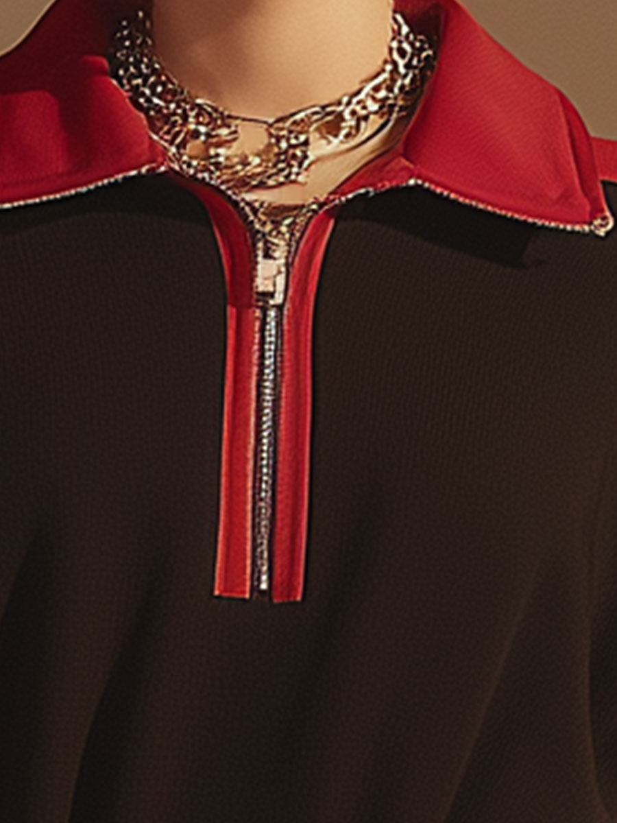 Athletic-style Retro Black Half-zip Cotton Sweatshirt Mini Dress