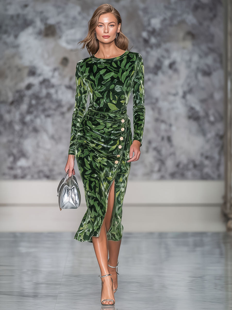 Retro Leaf Print Velvet Round Neck Side Slit Long Sleeve Midi Dress