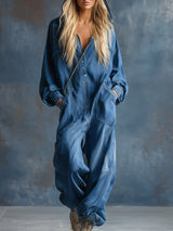 Casual Loose-fit Hooded Blue Denim Button-front Long-sleeved Jumpsuit