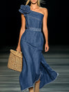 【24-hour shipping out】Elegant Strapless Denim 3D Floral Maxi Dress