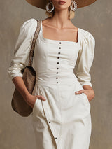Fashionable Retro-style Square Neckline Long-sleeved White Cotton Midi Dress