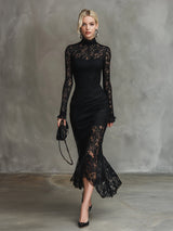 Elegant Party Black Stretch Lace Fishtail Maxi Dress