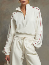 Sporty Retro Half-Zip Loose Long-Sleeve White Sweatshirt And Shorts Set