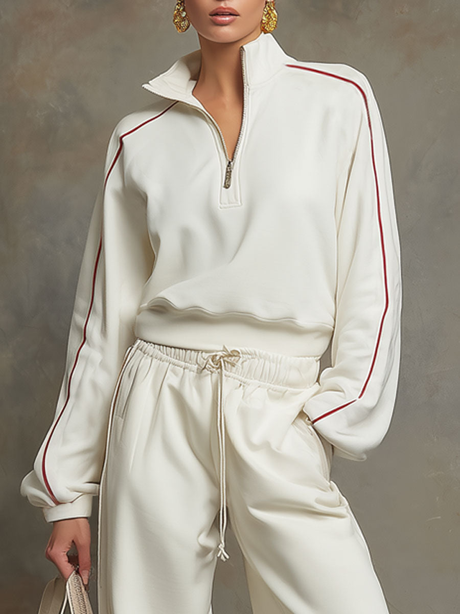 Sporty Retro Half-Zip Loose Long-Sleeve White Sweatshirt And Shorts Set