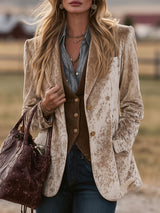 Retro Western Nomadic Style Sika Deer Pattern Camel Velvet Blazer