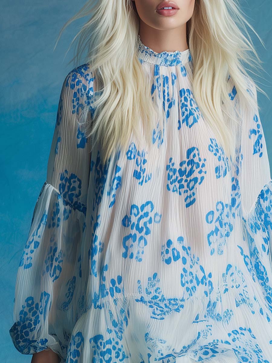 Personality Fashion Retro Semi-high Neck Ruffled Hem Leopard Print White Chiffon Mini Dress