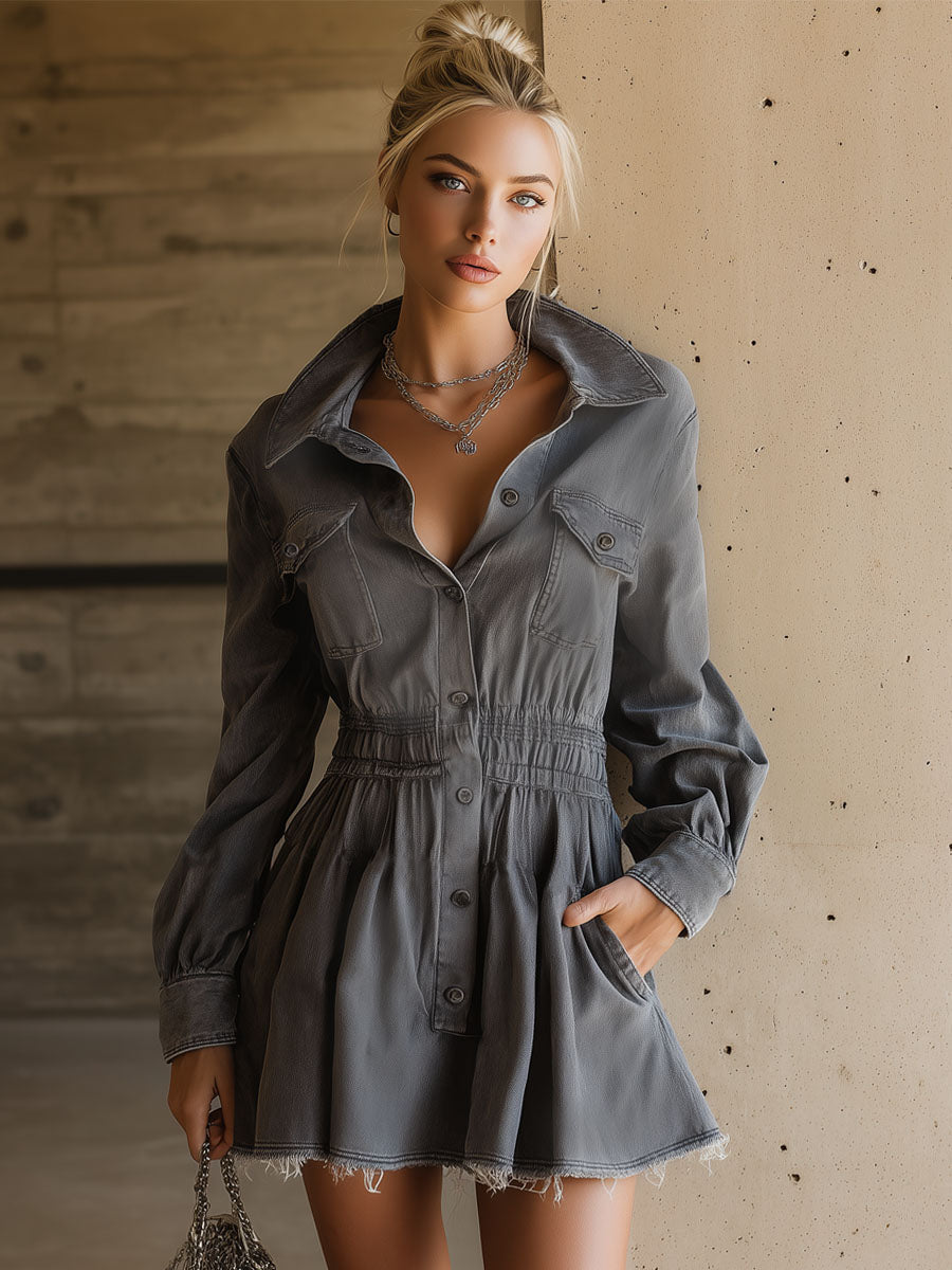 Vintage-style Collared Multi-pocketed Elastic-waist Gray Denim Long-sleeved Mini Dress