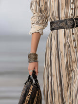 Vintage Western-style Rhinestone-embellished Beige Striped Cotton And Linen Midi Dress
