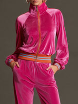Sporty Retro Rose Red Velvet Long-Sleeve Zip-Up Sweatshirt And Sweatpants Set
