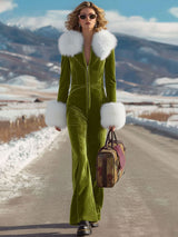 Fashion Retro Rose Red Velvet Faux Fur Collar Long Sleeve Flared Jumpsuit