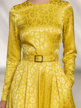Elegant Yellow Leopard Print Round Neck With Belt Midi Dress