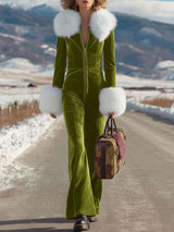 Fashion Retro Rose Red Velvet Faux Fur Collar Long Sleeve Flared Jumpsuit