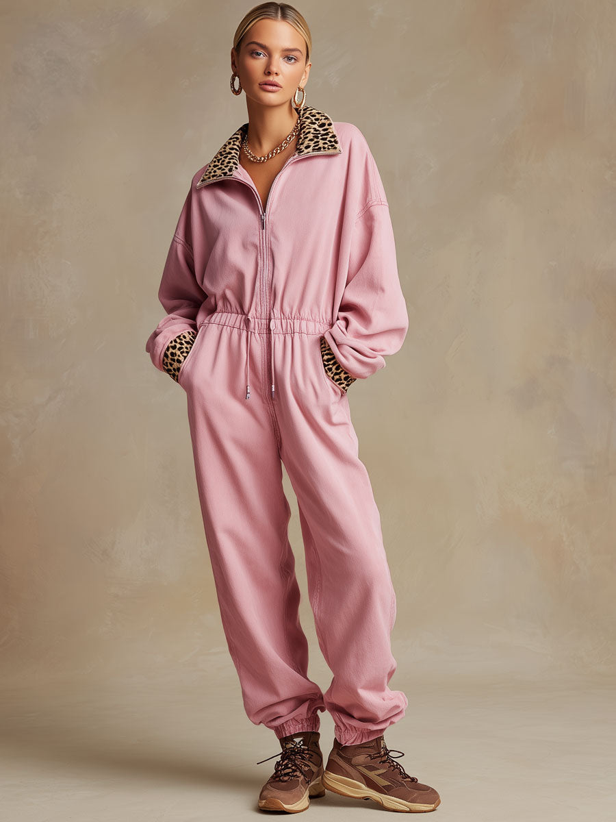 Casual Sporty Retro Pink Cotton Long-Sleeved Leopard Print Jumpsuit