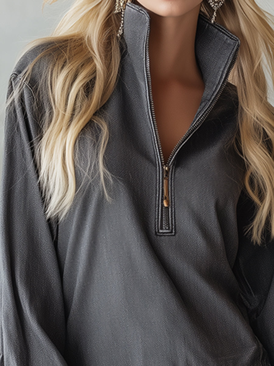 Retro Leopard Print Trim Gray Denim Half-zip Mini Dress