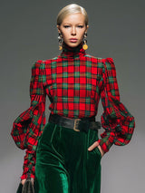 Trendy Retro Plaid Velvet Turtleneck Long-sleeved T-shirt And Wide-leg Pants Set