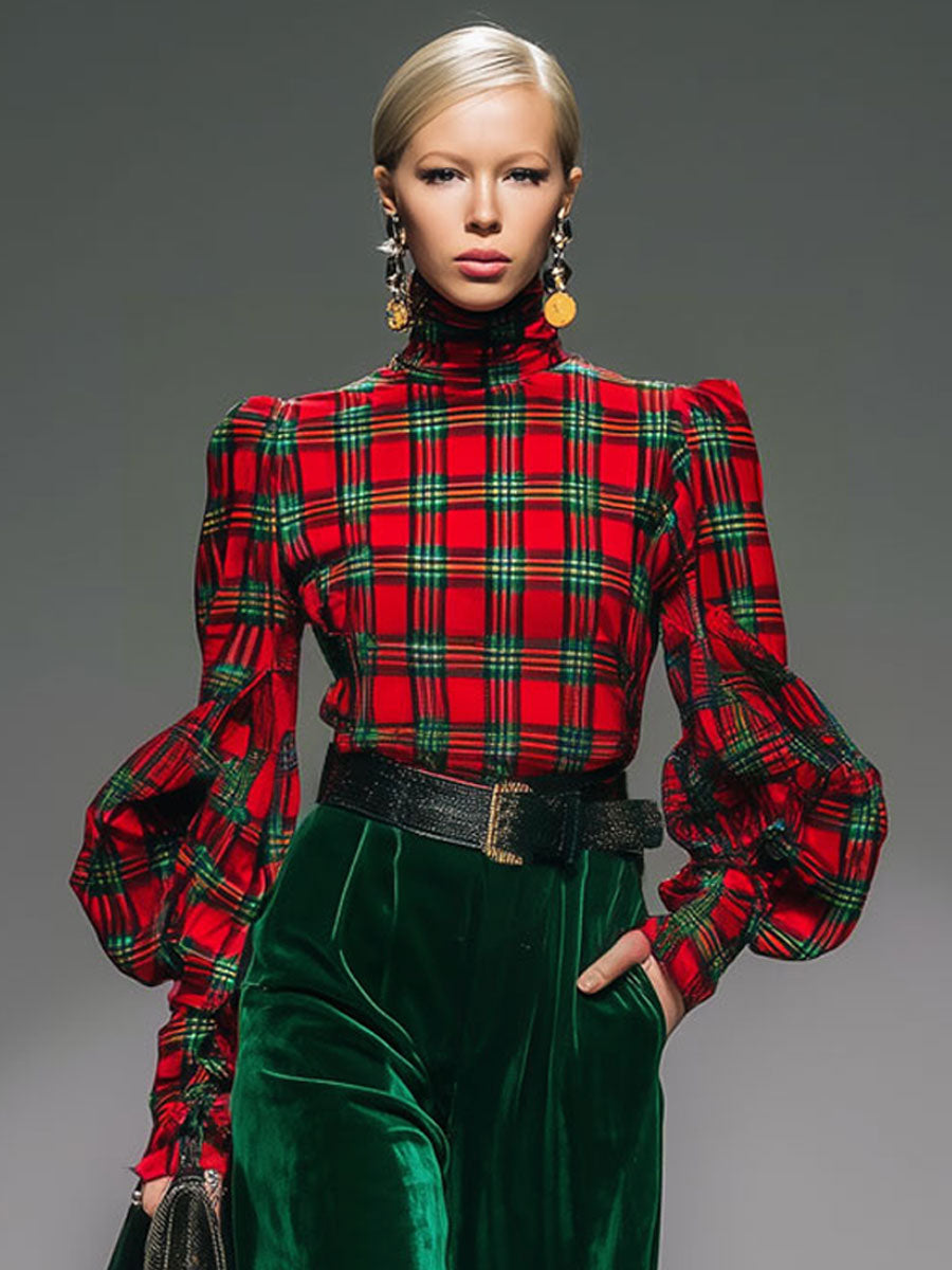 Trendy Retro Plaid Velvet Turtleneck Long-sleeved T-shirt And Wide-leg Pants Set