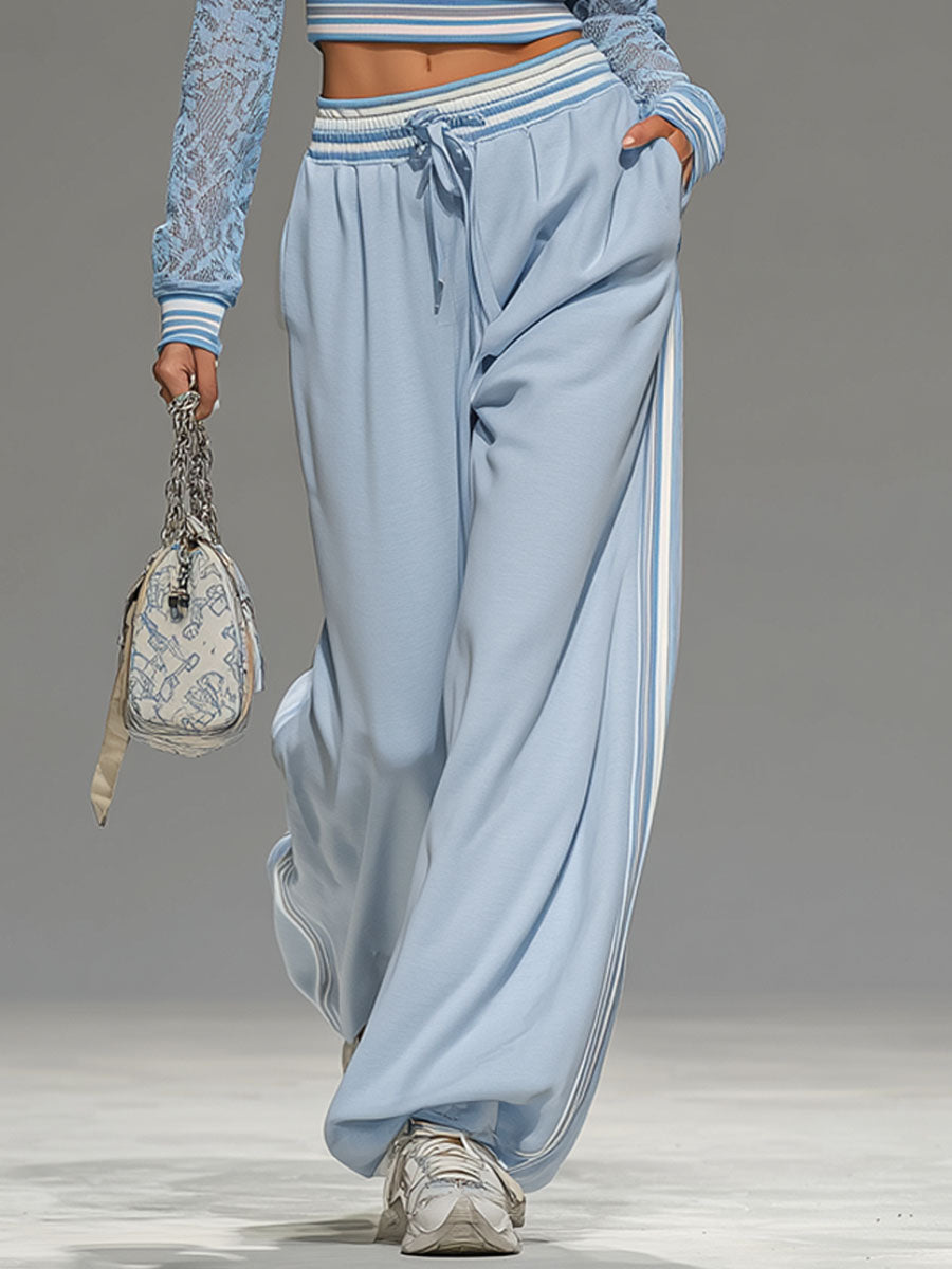 Lace Long-sleeved Zip-up Cropped Top And Wide-leg Pants Set