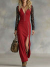 V-neck Zip-up Side-slit Lace-paneled Long-sleeved Maxi Dress
