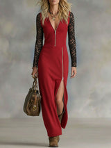 V-neck Zip-up Side-slit Lace-paneled Long-sleeved Maxi Dress