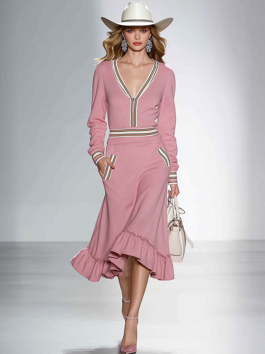 Fashionable And Casual Ruffled Hem Pink V-neck Midi Dress