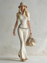 Elegant And Sporty Leopard Print Trim Off-white Knitted T-shirt And Flared Pants Set