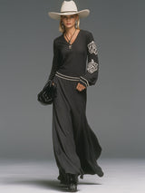 Casual And Stylish White Embroidered V-neck Black Maxi Dress