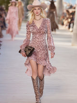 Western-style Casual V-neck Leopard Print Pink Chiffon Midi Dress