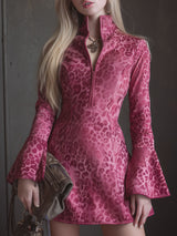 Leopard Print Faux Suede Stand-collar Zip-up Flared Long-sleeved Mini Dress