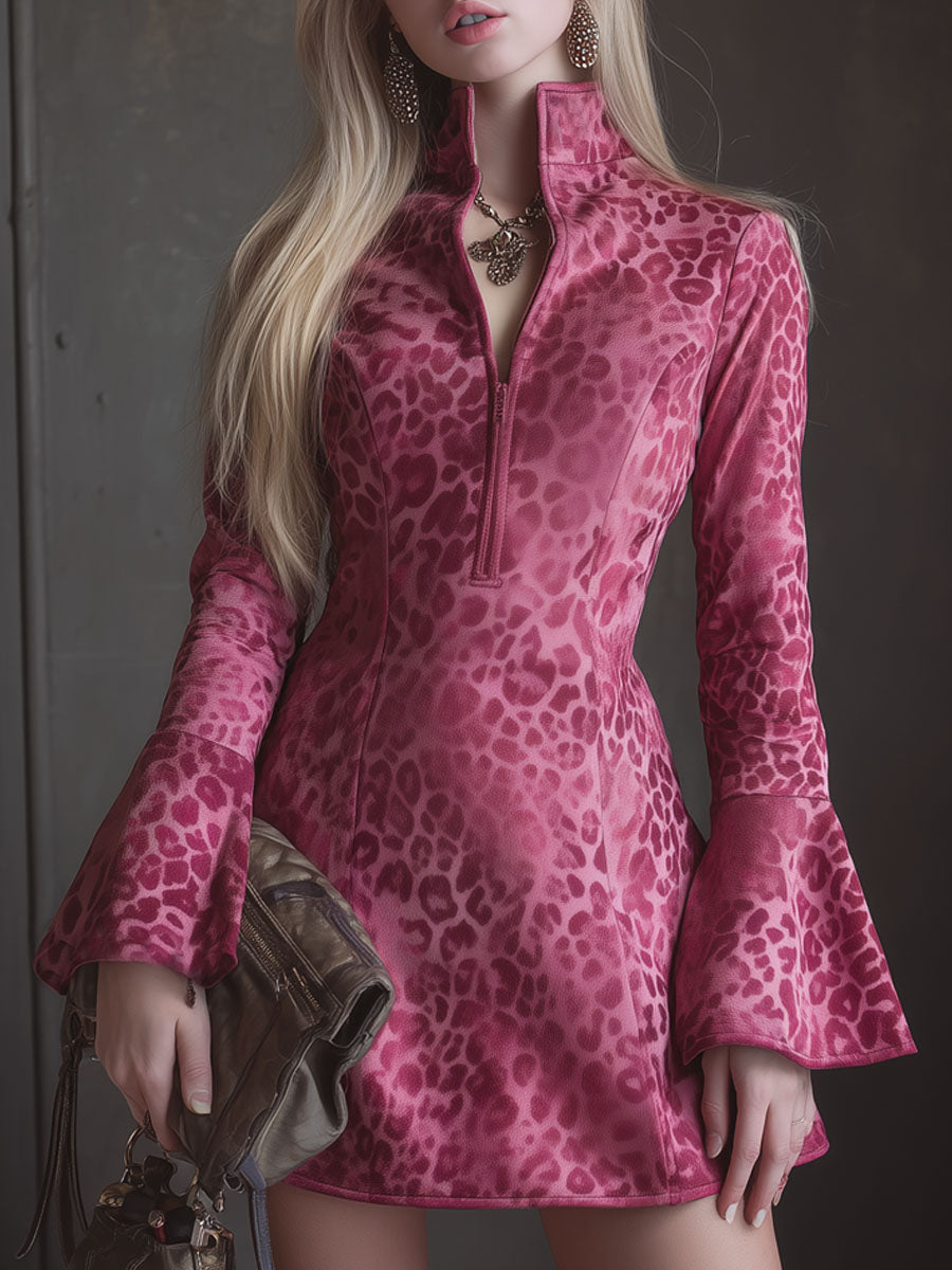 Leopard Print Faux Suede Stand-collar Zip-up Flared Long-sleeved Mini Dress