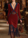 Western-style Red Faux Suede Dress With Blue Fringed Skirt And Midi Dress