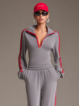 Casual Sporty Retro Red Ribbon Half-Zip Sweatshirt And Wide-Leg Pants Set